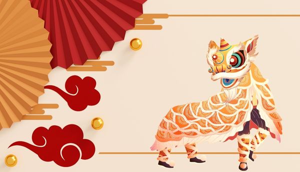 An illustration of a Chinese dancing dragon on a light colour background. The dragon is orange with a pattern on it's body. To the left of the image are red and orange fans and clouds.